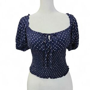 Reformation Navy Cropped Puff Sleeve Polka Dot Top Size 4 Coquette Milkmaid